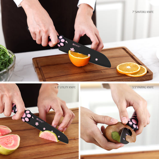 Meowkit 3 PCS Kitchen Knives – Cute Black & Pink Set with Non-Stick Coating