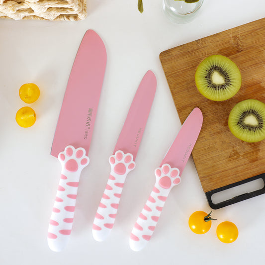 Meowkit Pink 3PCS Kitchen Knife Set Non-stick Coating Blade