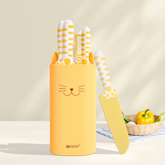 Meowkit 5 PCS Knife Set – Jasmine Yellow Cute Kitchen Knife with Scissors and Block Organizer