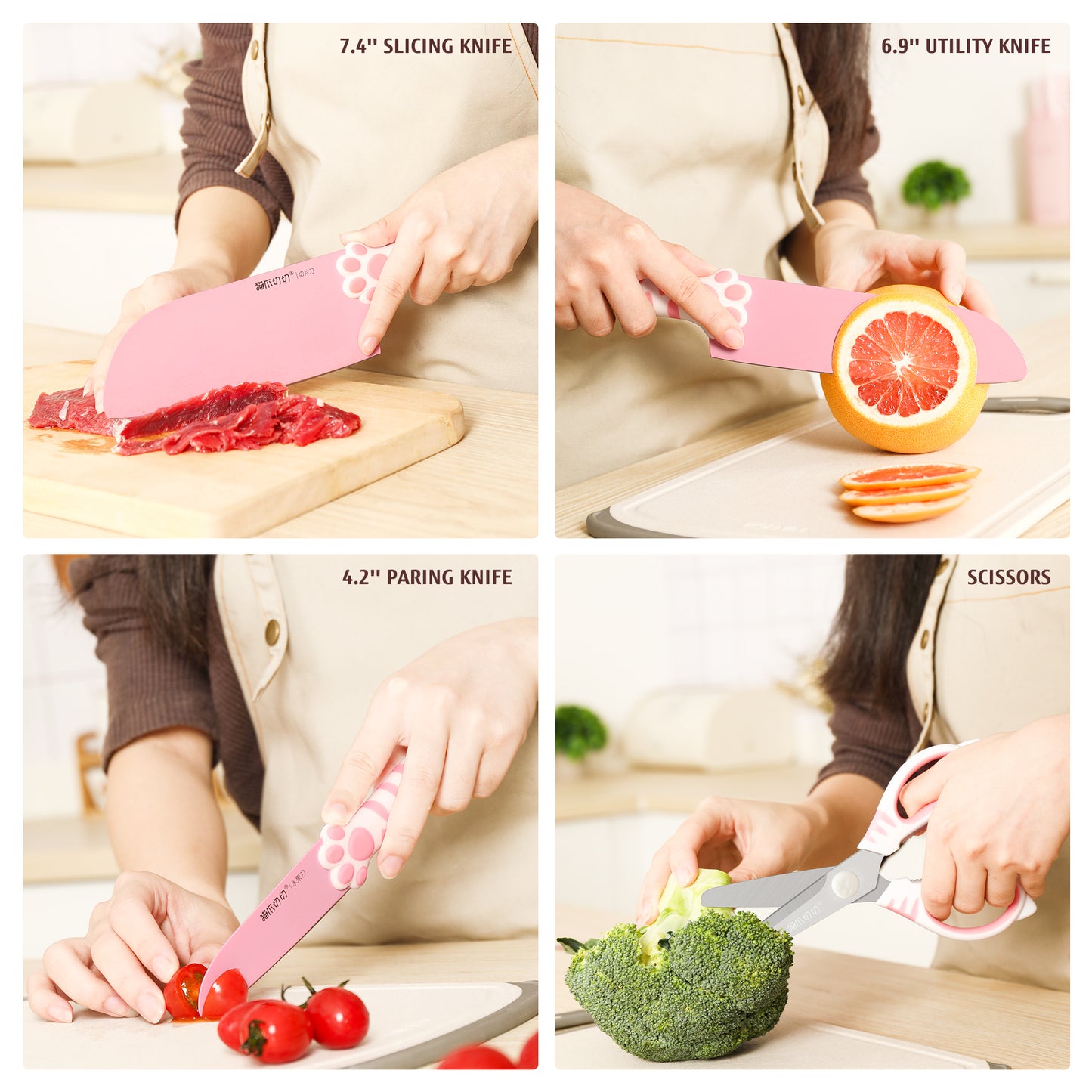 Meowkit 5-Piece Sakura Pink Kitchen Knife Set – Cute Knives with Block and Scissors