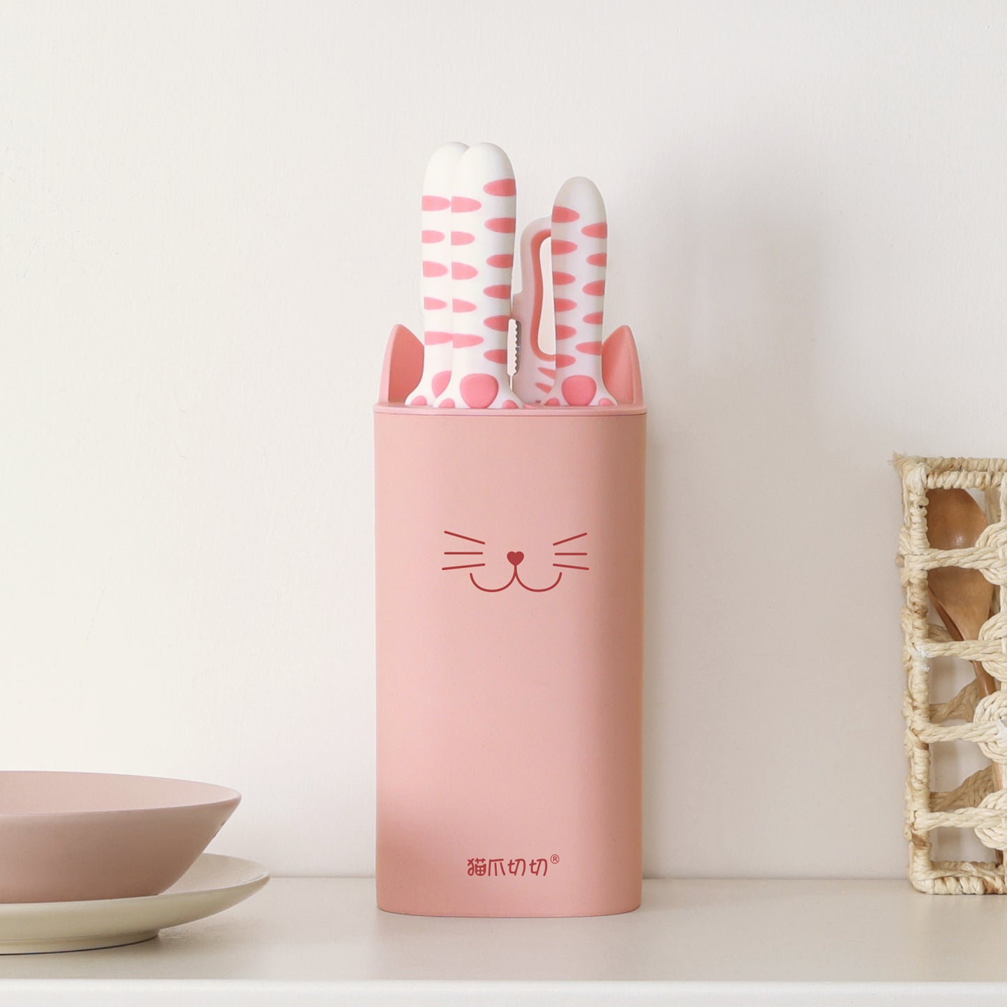 Meowkit 5-Piece Sakura Pink Kitchen Knife Set – Cute Knives with Block and Scissors
