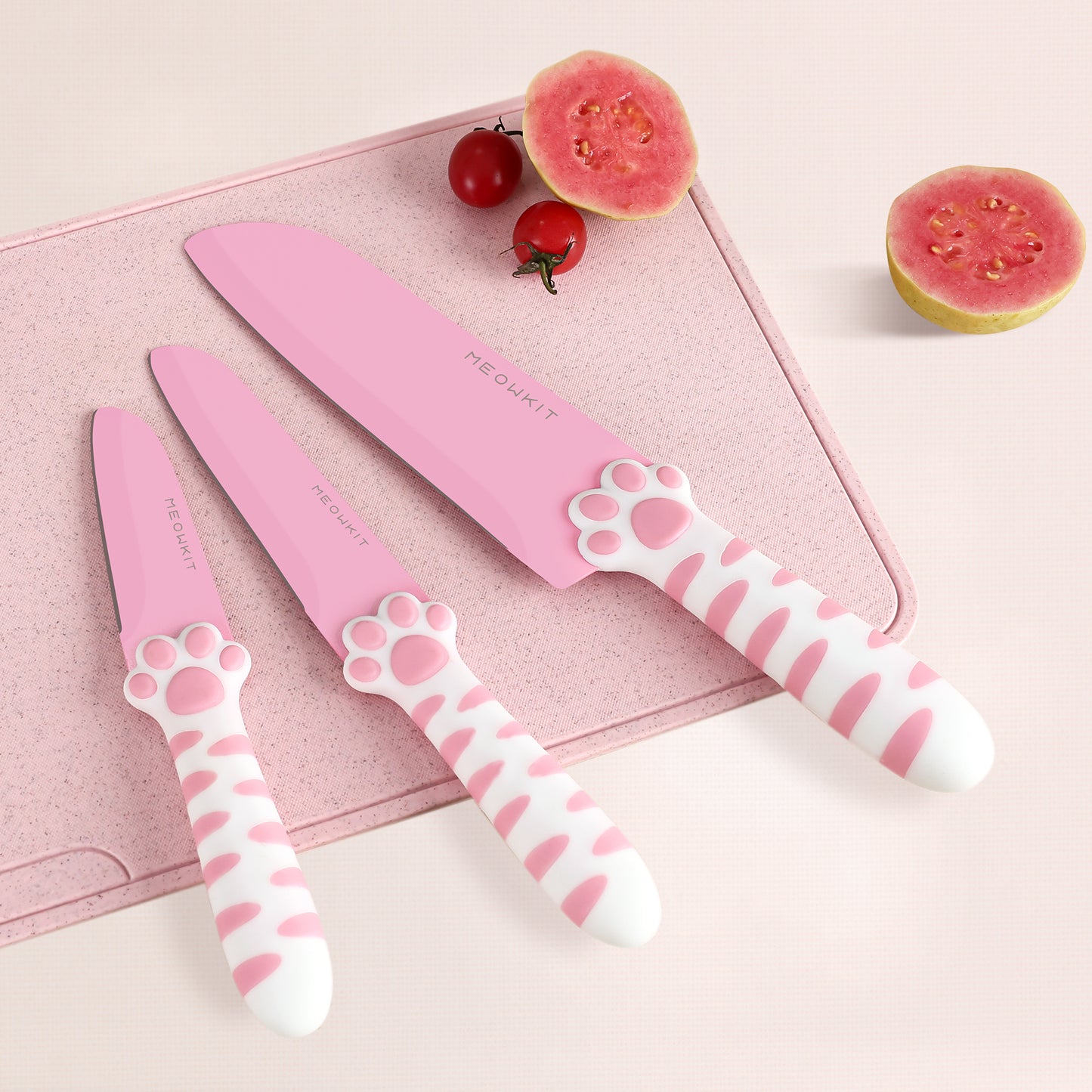 Meowkit Pink 3PCS Kitchen Knife Set Non-stick Coating Blade