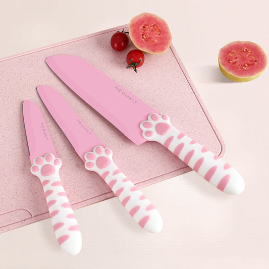 Meowkit Pink 3PCS Kitchen Knife Set Non-stick Coating Blade