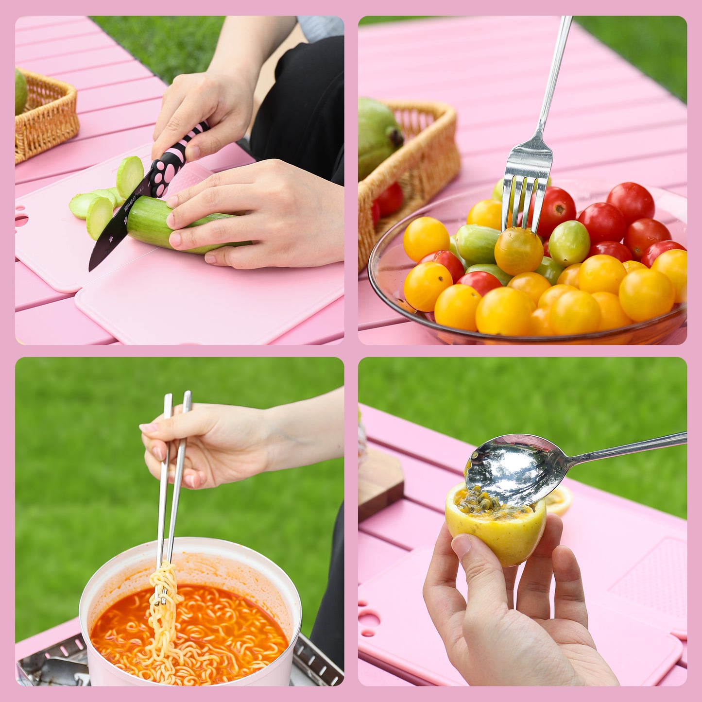 Meowkit 6-Piece Black & Pink Outdoor Tableware Set – Portable Picnic Utensils for Travel & Camping