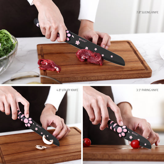 Meowkit 5-Piece Kitchen Knife Set – Stainless Steel Blades with Non-Stick Coating and Non-Slip Pink Handles