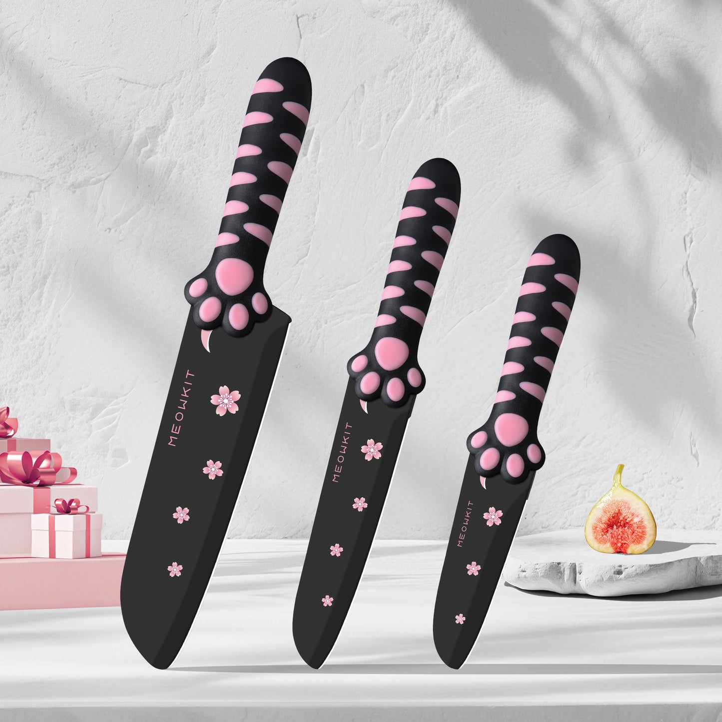 Meowkit 3 PCS Kitchen Knives – Cute Black & Pink Set with Non-Stick Coating