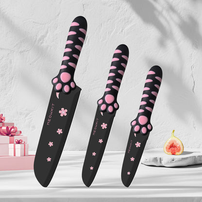 Meowkit 3 PCS Kitchen Knives – Cute Black & Pink Set with Non-Stick Coating