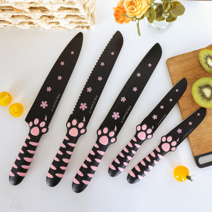 Meowkit 5-Piece Kitchen Knife Set – Stainless Steel Blades with Non-Stick Coating and Non-Slip Pink Handles