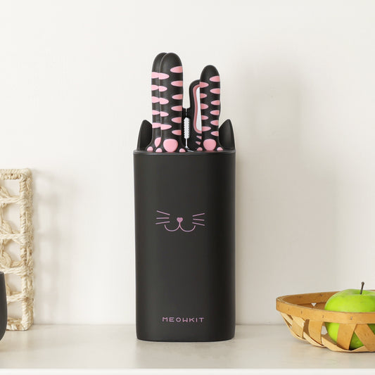 Meowkit 5 PCS Kitchen Knife Set – Pink & Black Cooking Blades with Storage Block, Cute & Modern Kitchen Essential