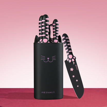 Meowkit 5 PCS Kitchen Knife Set – Pink & Black Cooking Blades with Storage Block, Cute & Modern Kitchen Essential