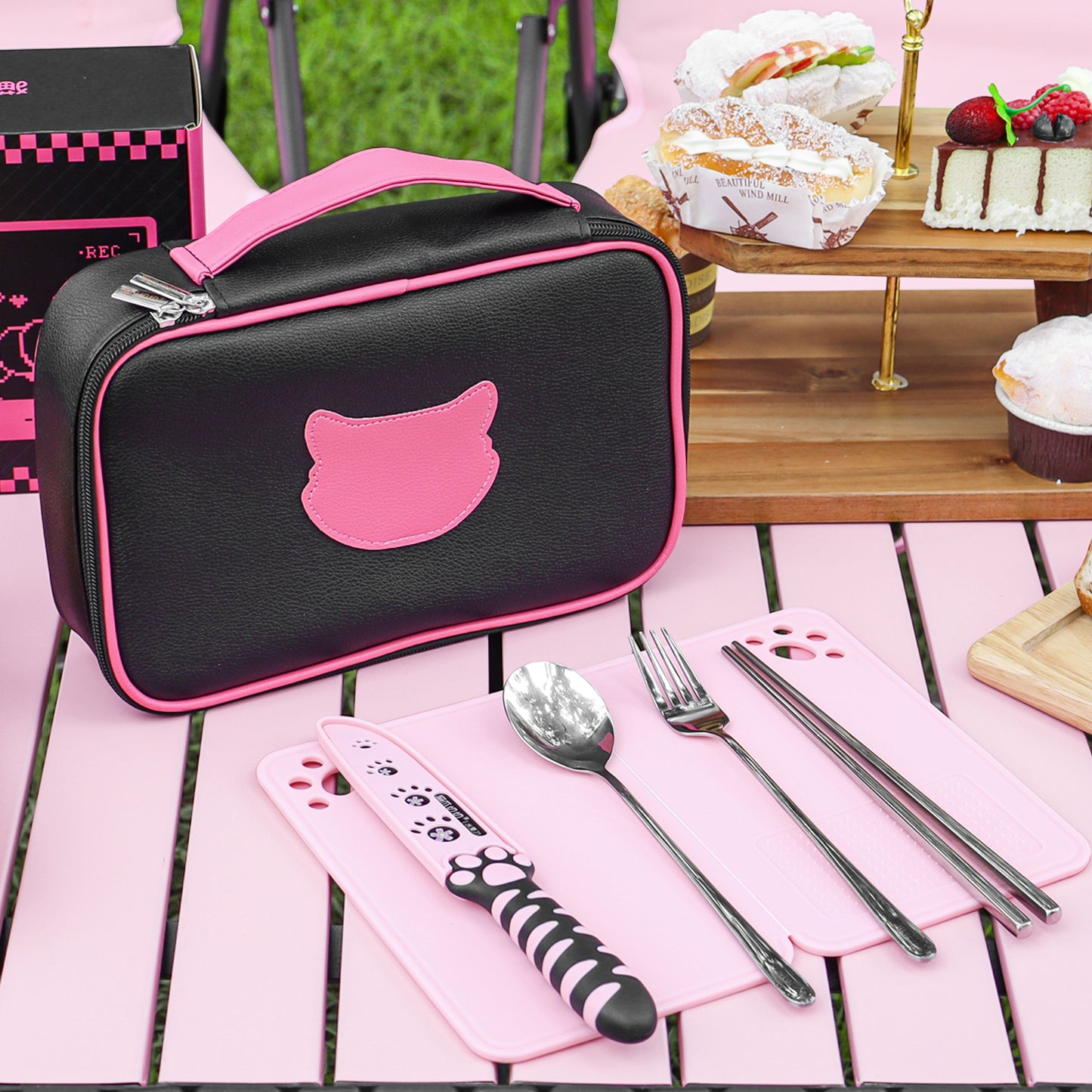 Meowkit 6-Piece Black & Pink Outdoor Tableware Set – Portable Picnic Utensils for Travel & Camping