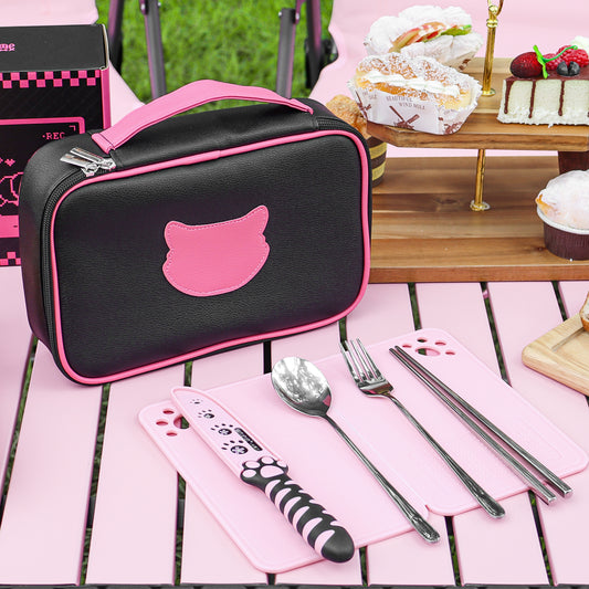 Meowkit 6-Piece Black & Pink Outdoor Tableware Set – Portable Picnic Utensils for Travel & Camping
