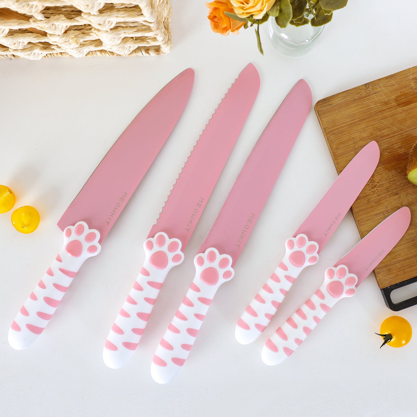 Meowkit 5-Piece Pink Kitchen Knife Set – Stainless Steel Blades with Non-Stick Coating