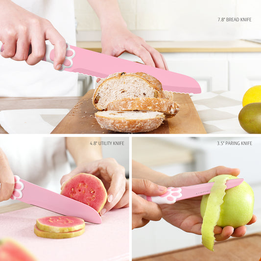 Meowkit Pink 3PCS Kitchen Knife Set Non-stick Coating Blade