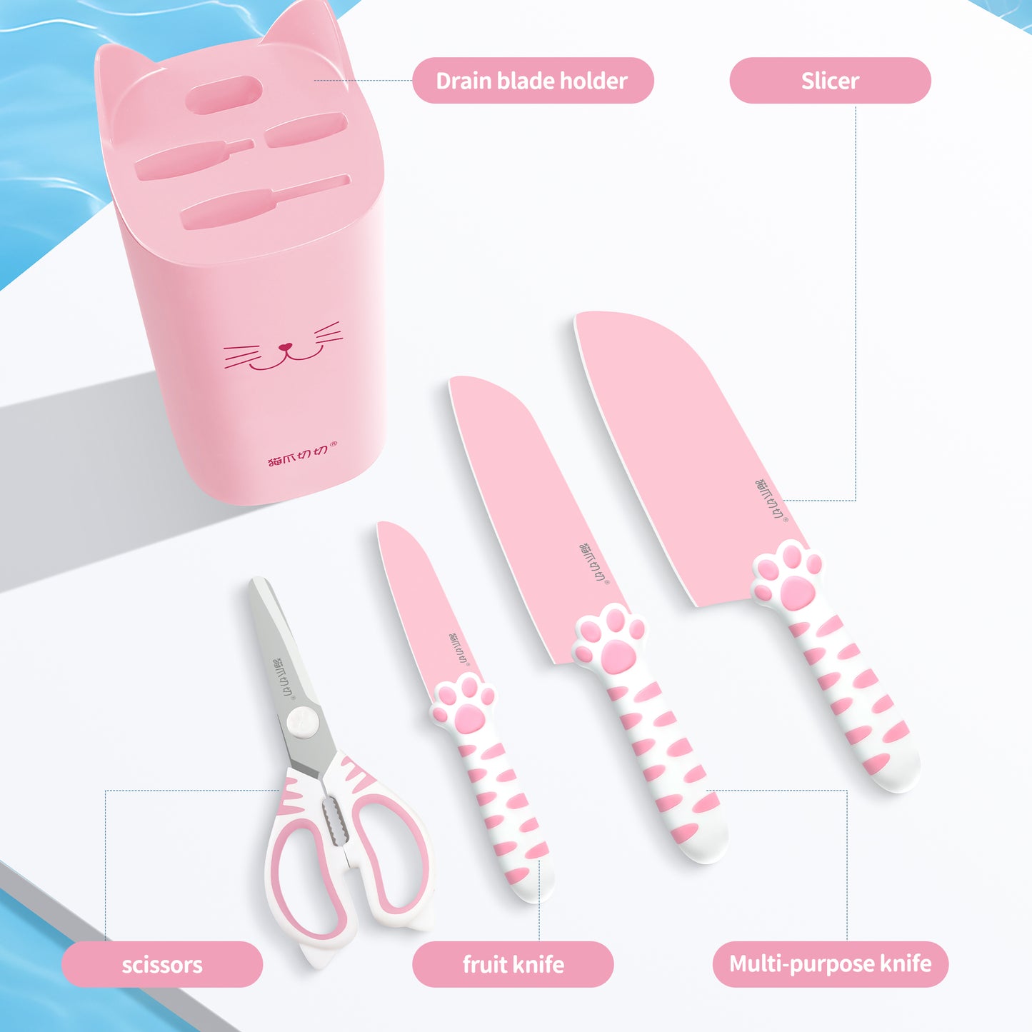 Meowkit 5-Piece Sakura Pink Kitchen Knife Set – Cute Knives with Block and Scissors