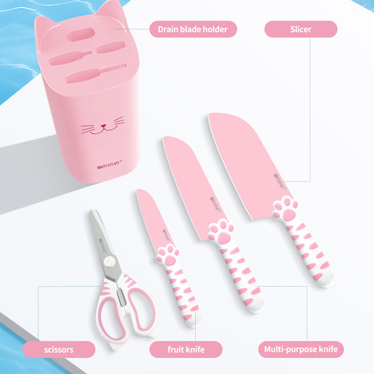 Meowkit 5-teiliges Küchenmesser-Set, rosa-gelb, süßes Messerset mit Block und Schere 