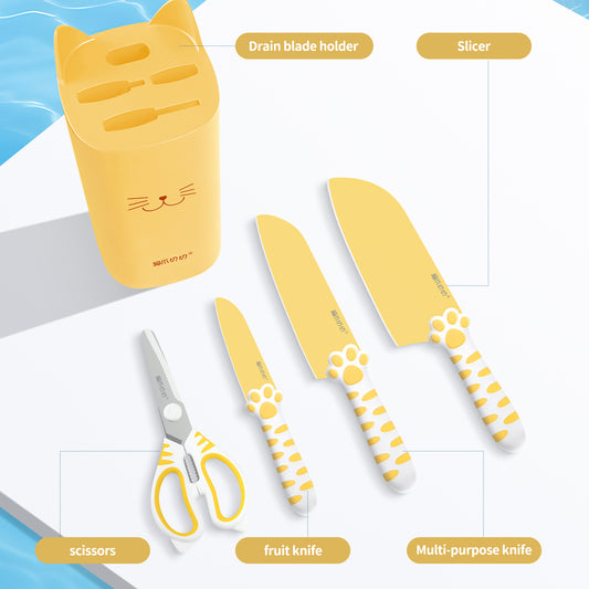 Meowkit 5 PCS Knife Set – Jasmine Yellow Cute Kitchen Knife with Scissors and Block Organizer