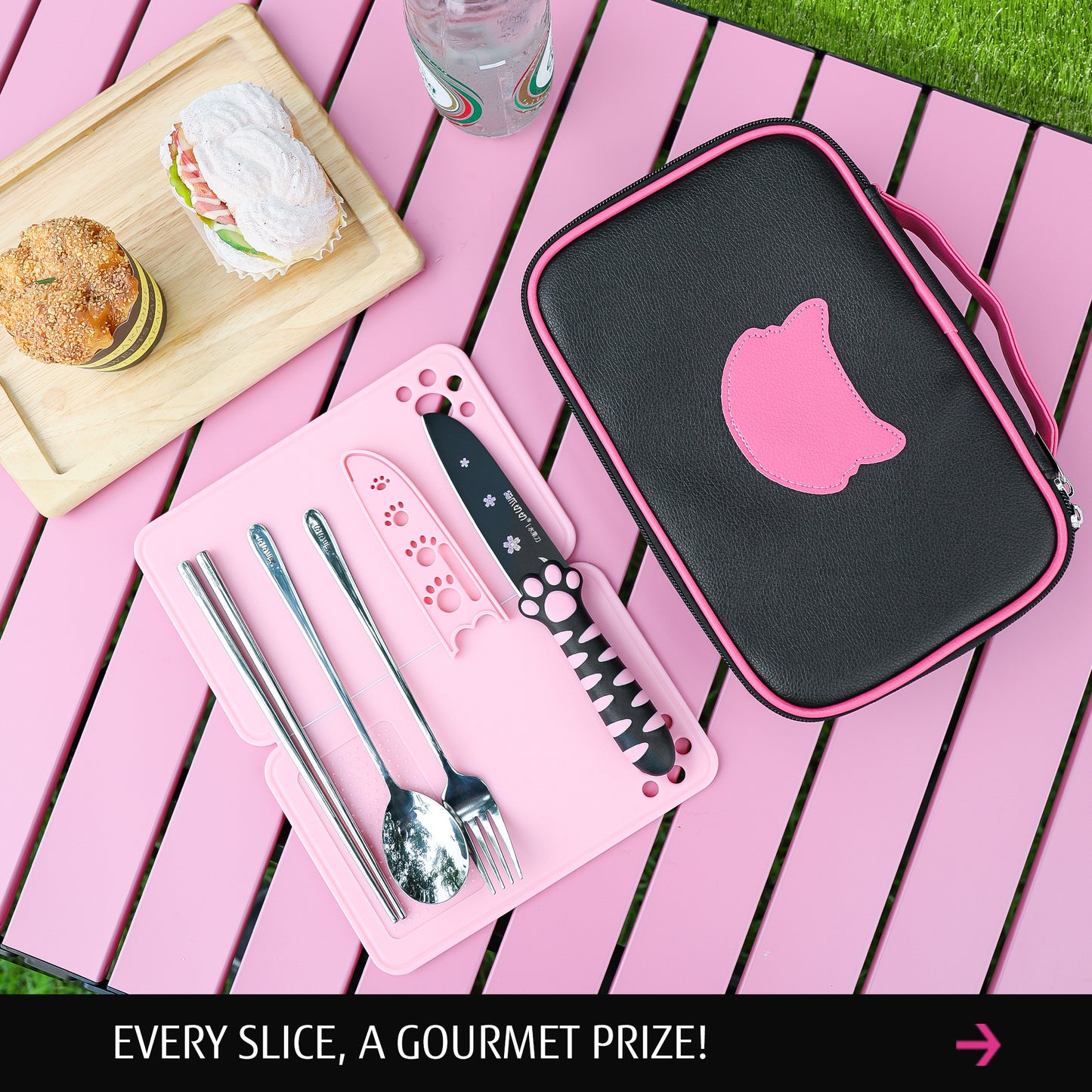 Meowkit 6-Piece Black & Pink Outdoor Tableware Set – Portable Picnic Utensils for Travel & Camping