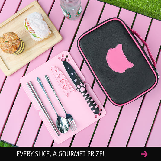 Meowkit 6-Piece Black & Pink Outdoor Tableware Set – Portable Picnic Utensils for Travel & Camping