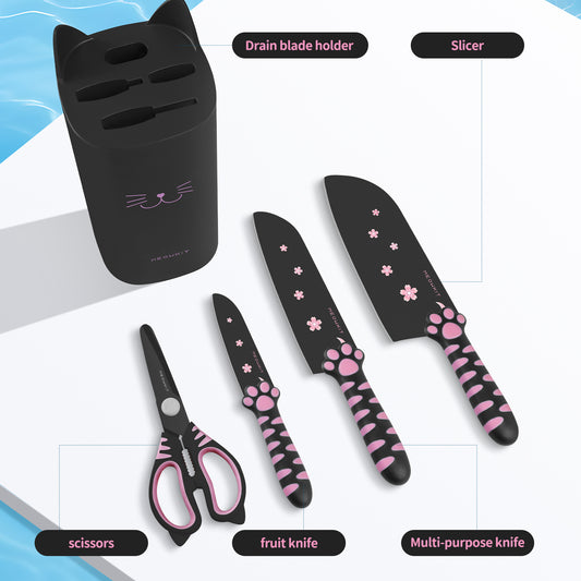 Meowkit 5-teiliges Messerset mit Block, Pink und Black Series