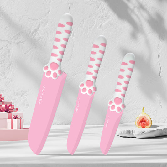 Meowkit Pink 3PCS Kitchen Knife Set Non-stick Coating Blade