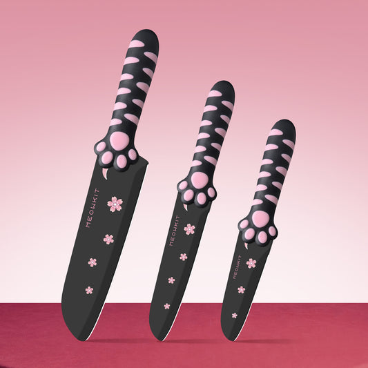 Meowkit 3 PCS Kitchen Knives – Cute Black & Pink Set with Non-Stick Coating