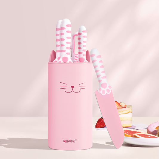 Meowkit 5-Piece Sakura Pink Kitchen Knife Set – Cute Knives with Block and Scissors