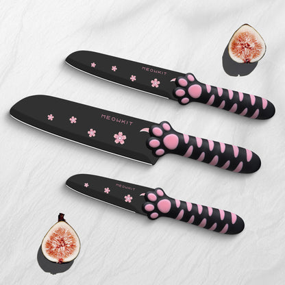 Meowkit 3 PCS Kitchen Knives – Cute Black & Pink Set with Non-Stick Coating