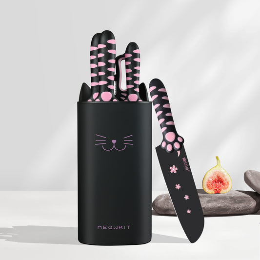 Meowkit 5 PCS Kitchen Knife Set – Pink & Black Cooking Blades with Storage Block, Cute & Modern Kitchen Essential