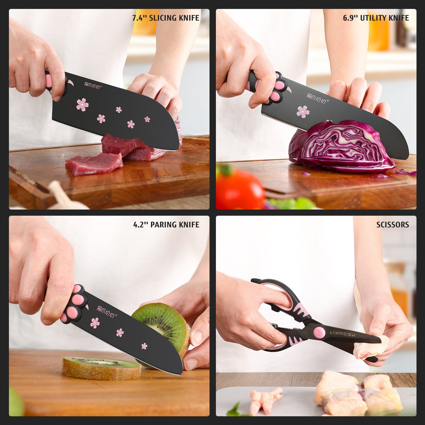 Meowkit 5 PCS Kitchen Knife Set – Pink & Black Cooking Blades with Storage Block, Cute & Modern Kitchen Essential