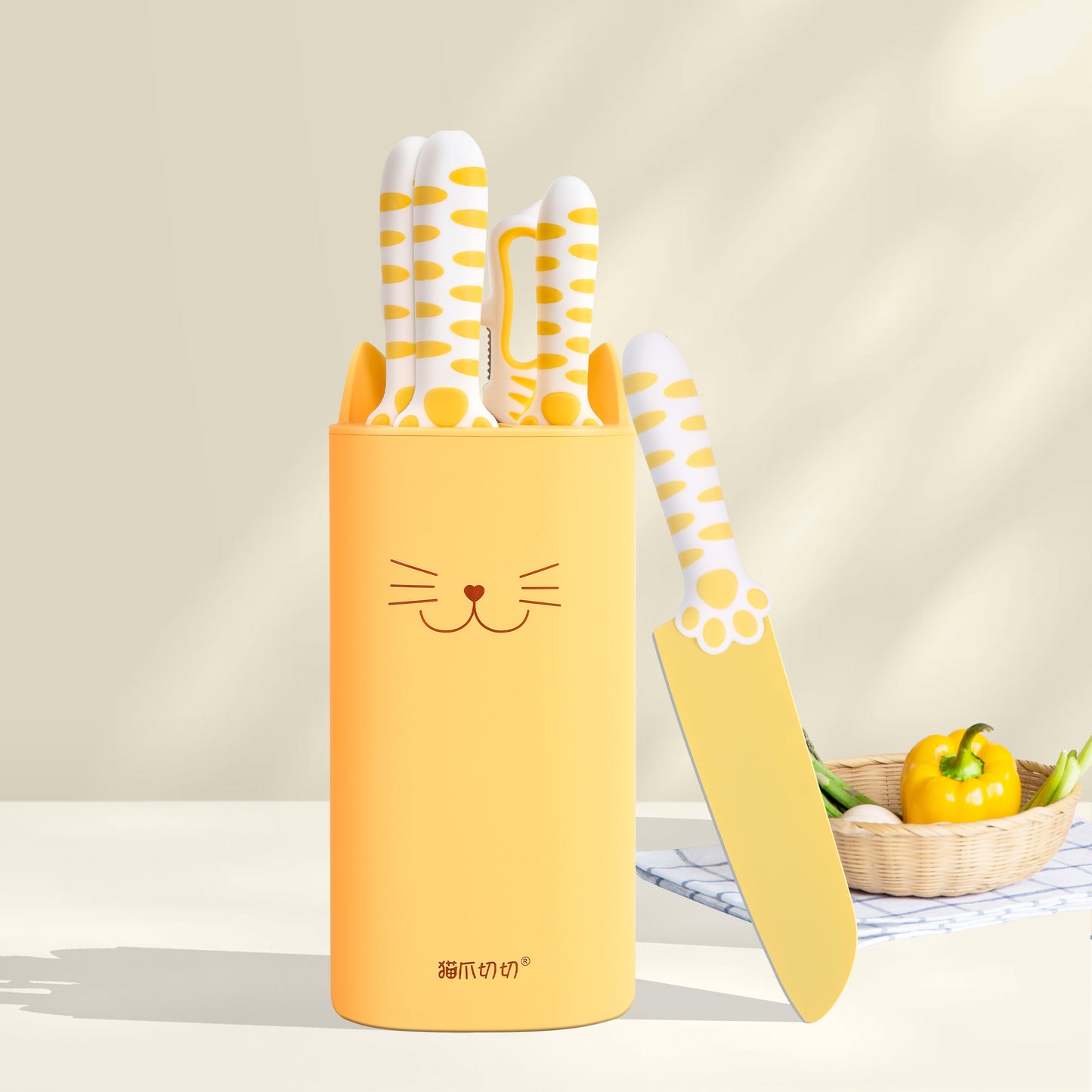 Meowkit 5 PCS Knife Set – Jasmine Yellow Cute Kitchen Knife with Scissors and Block Organizer