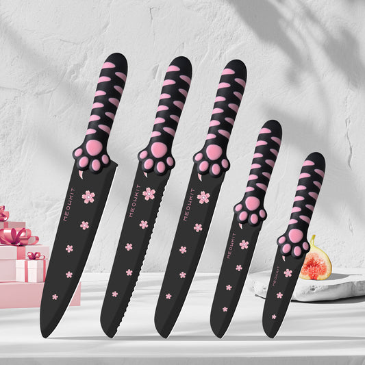 Meowkit 5-Piece Kitchen Knife Set – Stainless Steel Blades with Non-Stick Coating and Non-Slip Pink Handles