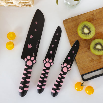 Meowkit 3 PCS Kitchen Knives – Cute Black & Pink Set with Non-Stick Coating