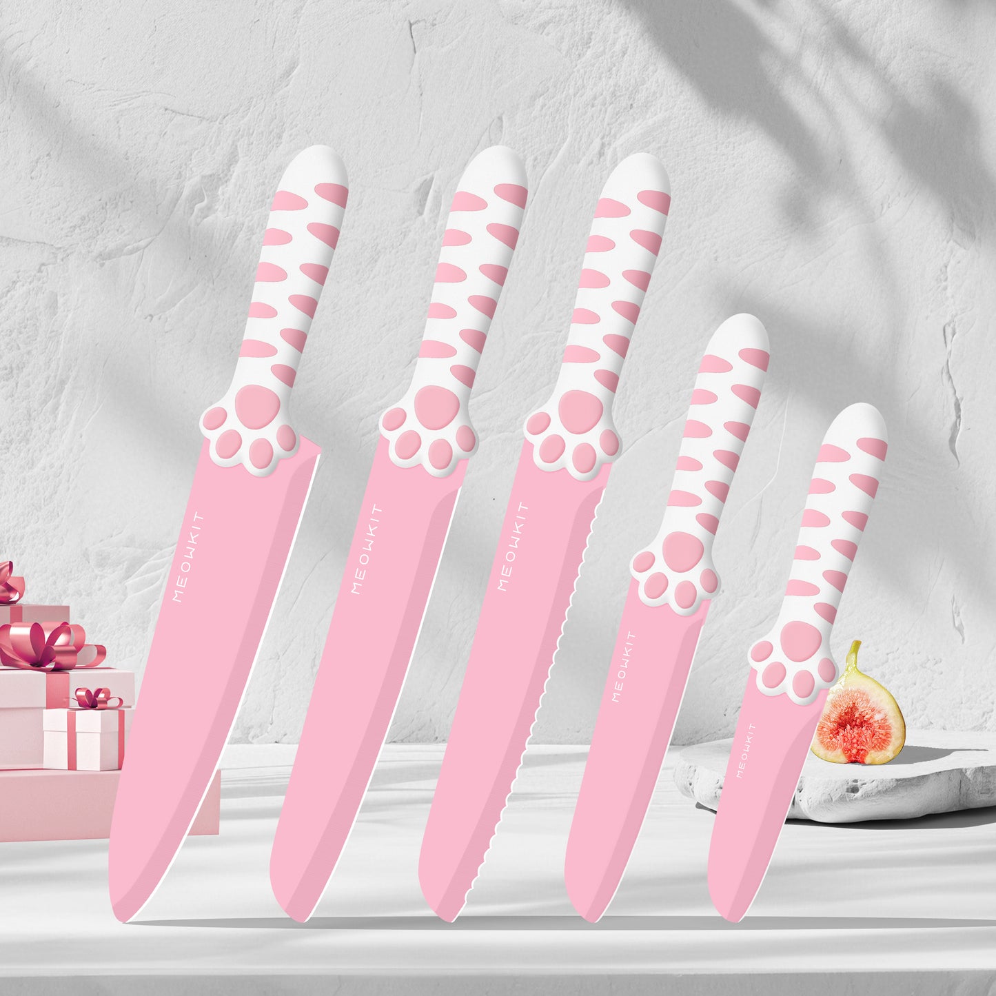 Meowkit 5-Piece Pink Kitchen Knife Set – Stainless Steel Blades with Non-Stick Coating