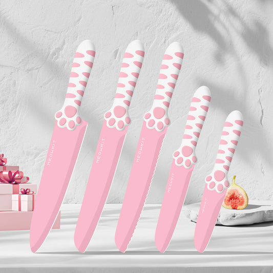 Meowkit 5-Piece Pink Kitchen Knife Set – Stainless Steel Blades with Non-Stick Coating
