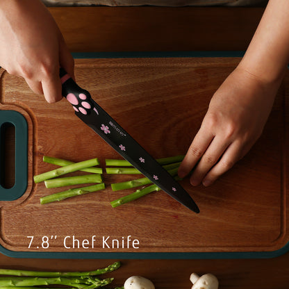 Meowkit 5-Piece Kitchen Knife Set – Stainless Steel Blades with Non-Stick Coating and Non-Slip Pink Handles