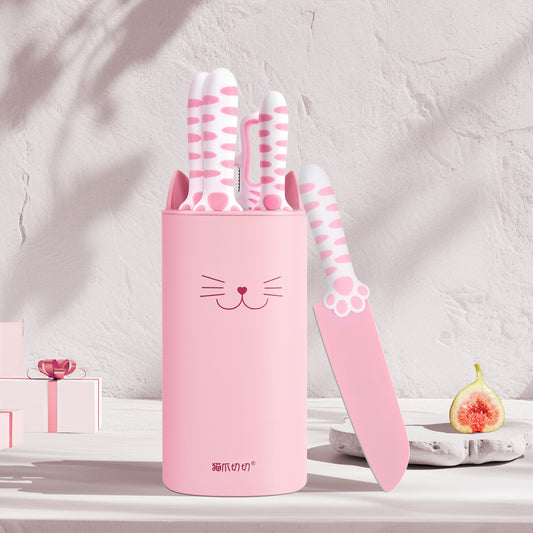 Meowkit 5-Piece Sakura Pink Kitchen Knife Set – Cute Knives with Block and Scissors
