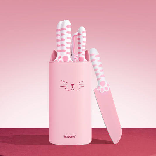 Meowkit 5-Piece Sakura Pink Kitchen Knife Set – Cute Knives with Block and Scissors