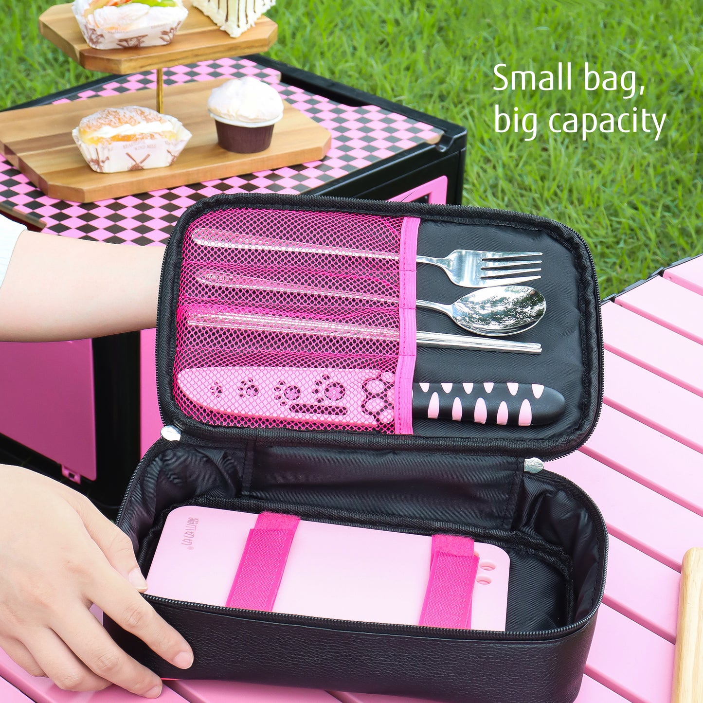 Meowkit 6-Piece Black & Pink Outdoor Tableware Set – Portable Picnic Utensils for Travel & Camping