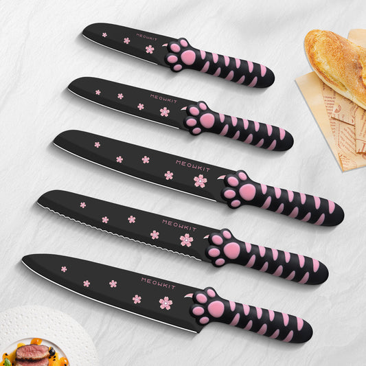 Meowkit 5-Piece Kitchen Knife Set – Stainless Steel Blades with Non-Stick Coating and Non-Slip Pink Handles