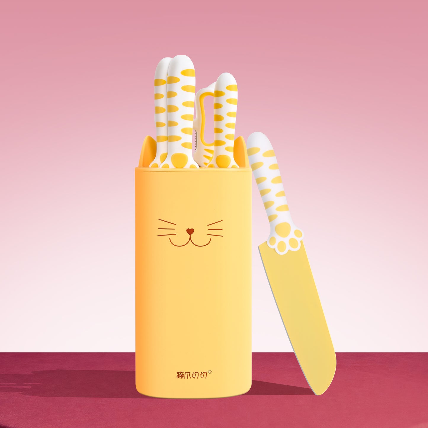 Meowkit 5 PCS Knife Set – Jasmine Yellow Cute Kitchen Knife with Scissors and Block Organizer