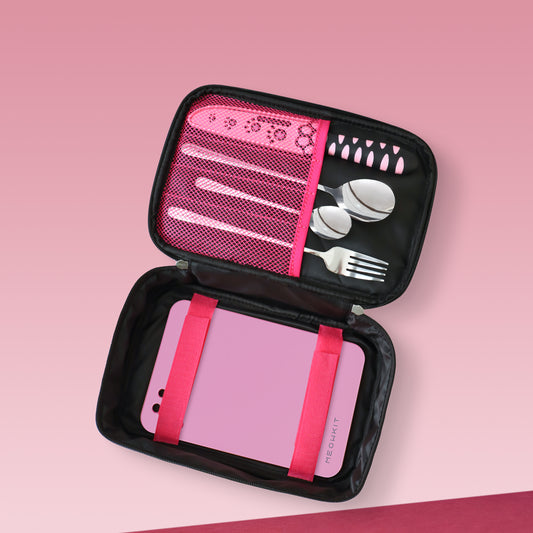 Meowkit 6-Piece Black & Pink Outdoor Tableware Set – Portable Picnic Utensils for Travel & Camping