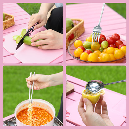 Meowkit 6-Piece Black & Pink Outdoor Tableware Set – Portable Picnic Utensils for Travel & Camping