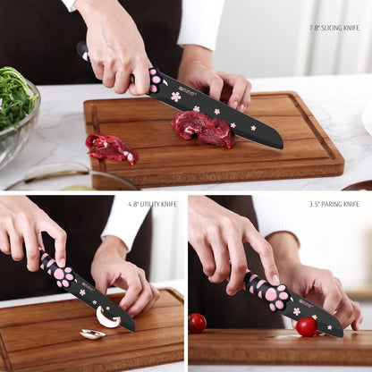 Meowkit 5-Piece Kitchen Knife Set – Stainless Steel Blades with Non-Stick Coating and Non-Slip Pink Handles