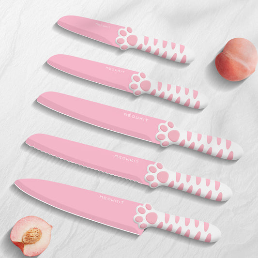 Meowkit 5-Piece Pink Kitchen Knife Set – Stainless Steel Blades with Non-Stick Coating